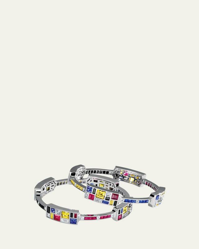 18K White Gold De Stijl Hinged Bangle Bracelet with Diamonds and Gemstones